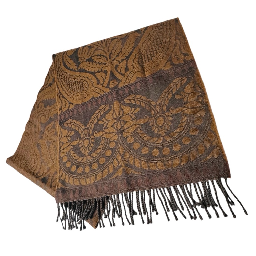 ANICHINI Luxury 100% Wool Brown & Grey Fringe End Long Scarf